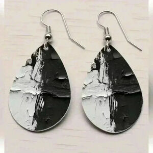 Black and white  abstract oil painting printed tear drop pendant earrings